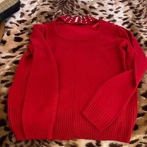 New York & Company Red Sweater with Studded Collar